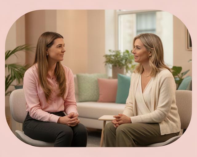 Two MindBridge coaches speaking together in a softly lit Dublin studio