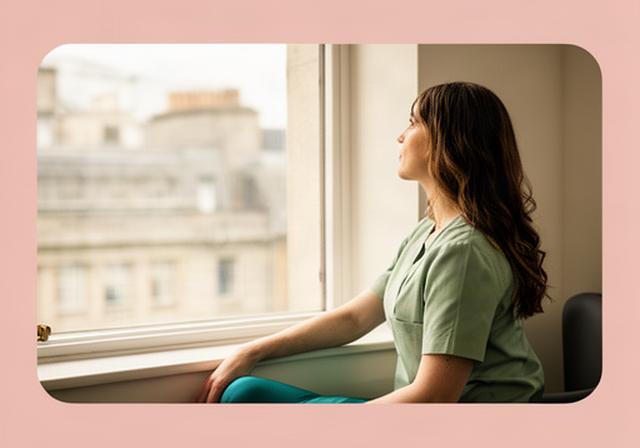 Healthcare professional taking a quiet pause beside a bright Dublin window