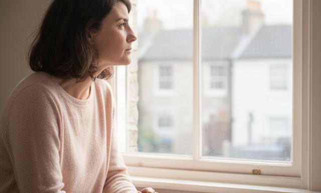 Person reflecting beside a bright Dublin window with a notebook and calm morning light