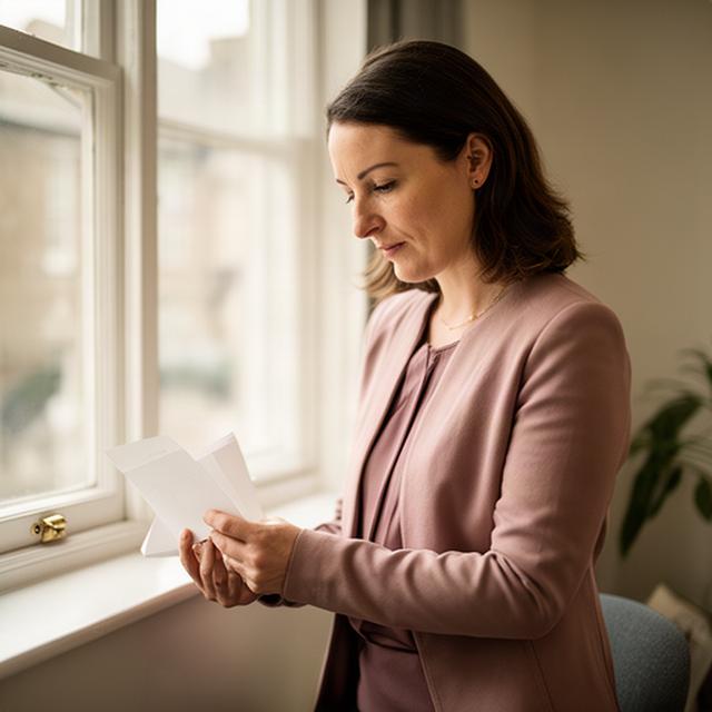 Gaelle Ridgard, an organisational psychology coach, reviewing notes beside a window