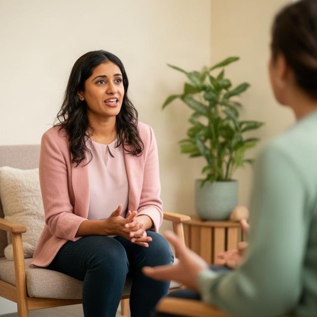 Navisha Marrinan, a cross-cultural coach, speaking with a client in a welcoming studio
