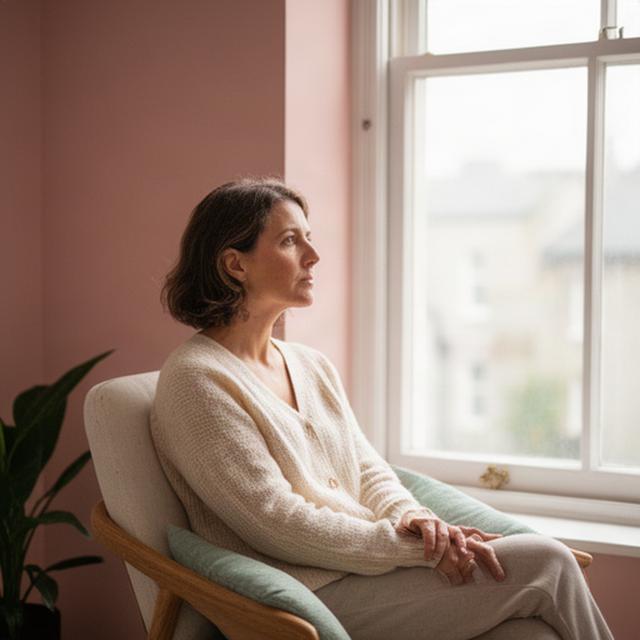 Adult sitting calmly beside a bright Dublin window while reflecting on a relationship transition