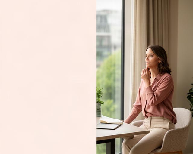 Professional woman reflecting beside a window in a calm Dublin workspace
